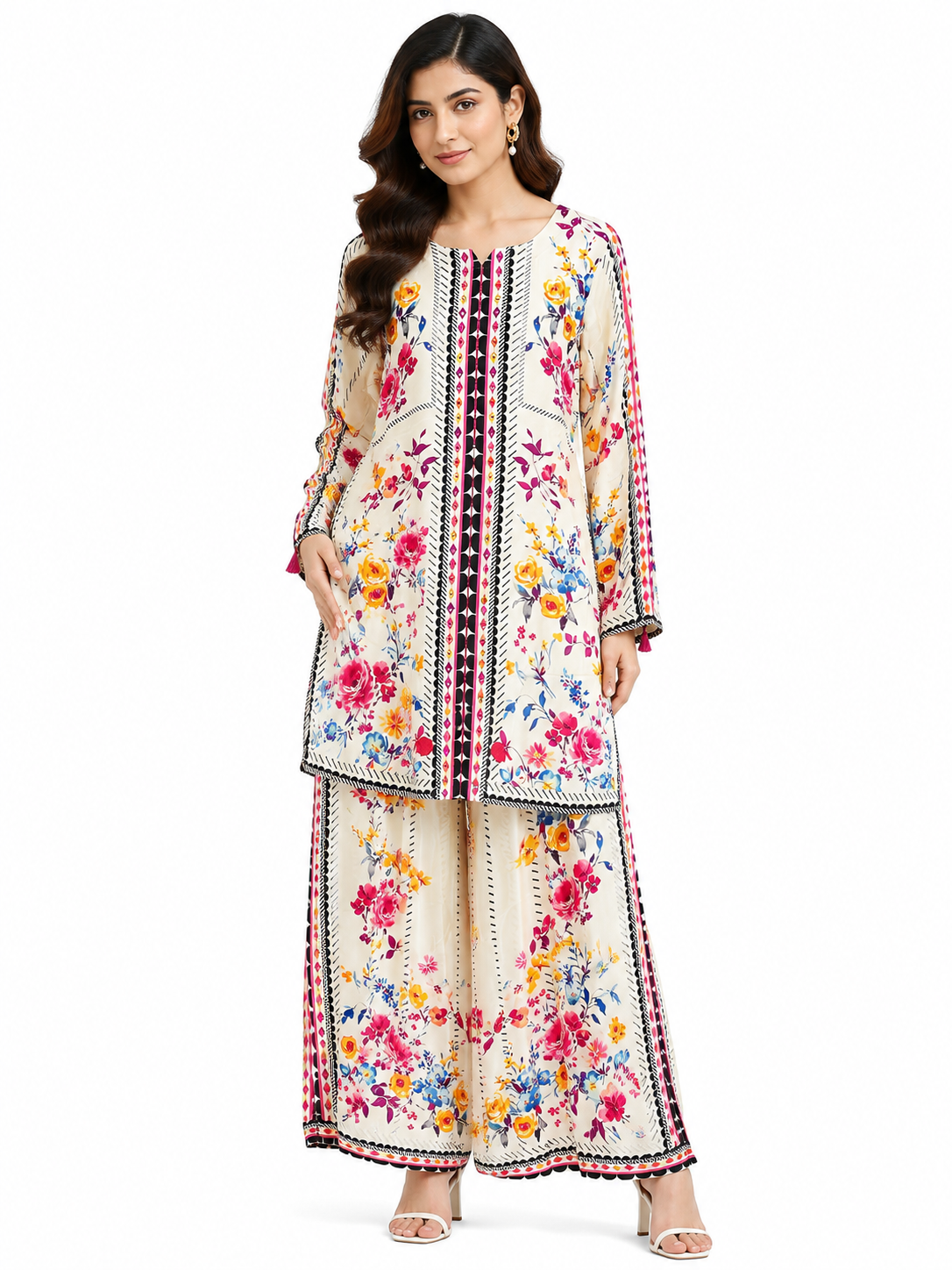 Floral Breeze Printed Co-Ord Set – Elegant Peplum Top & Wide-Leg Pants