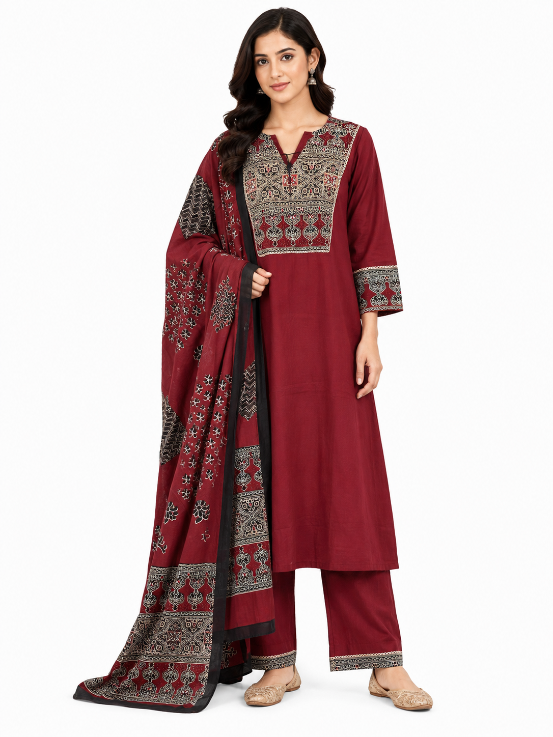 Maroon Embroidered Kurta Pant Set with Printed Dupatta