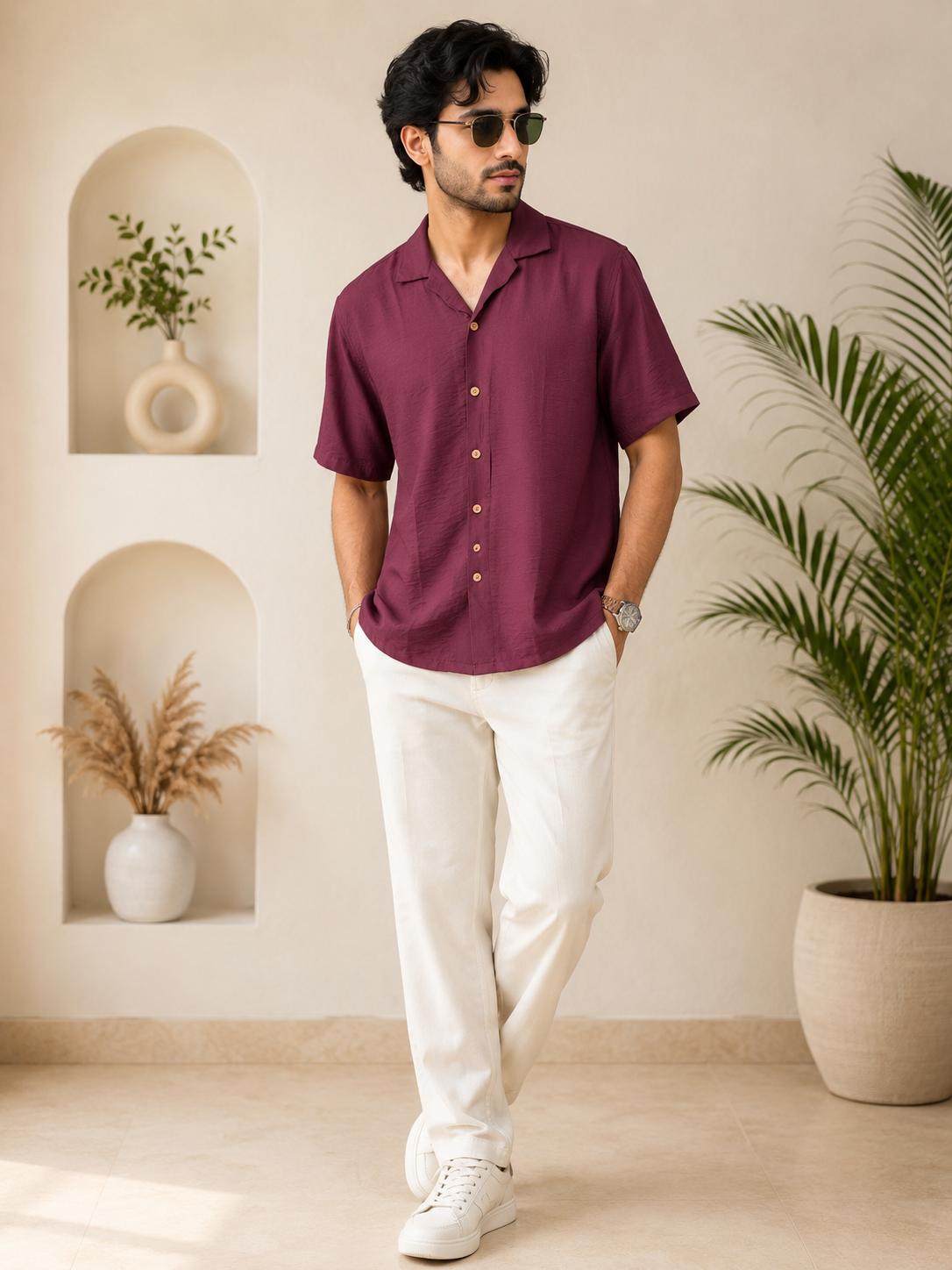 Men's Wine Burgundy Solid Linen Cuban Collar Half Sleeve Shirt