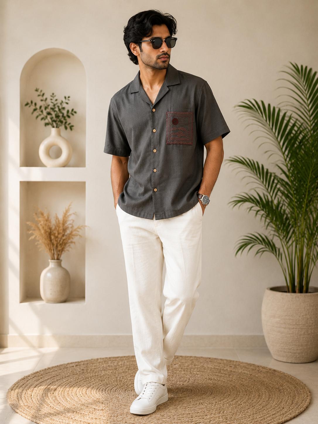 Men's Charcoal Grey Linen Cuban Collar Shirt with Embroidered Pocket