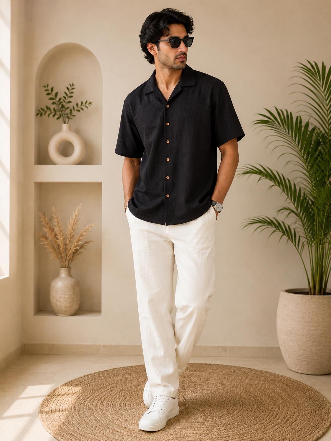 Men's Black Solid Linen Cuban Collar Half Sleeve Shirt