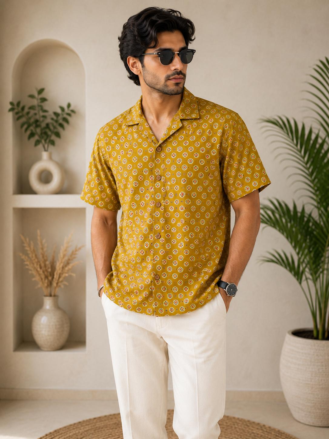 Men's Mustard Yellow Floral Medallion Block Print Linen Cuban Collar Shirt