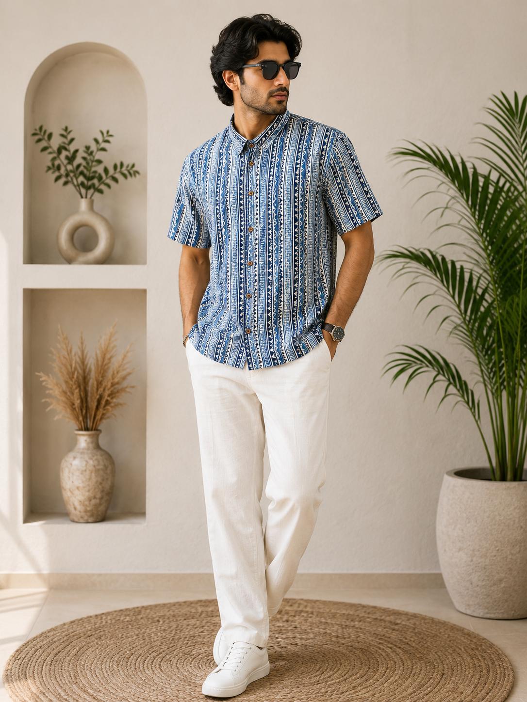 Men's Blue Aztec Geometric Vertical Stripe Block Print Linen Mandarin Collar Shirt