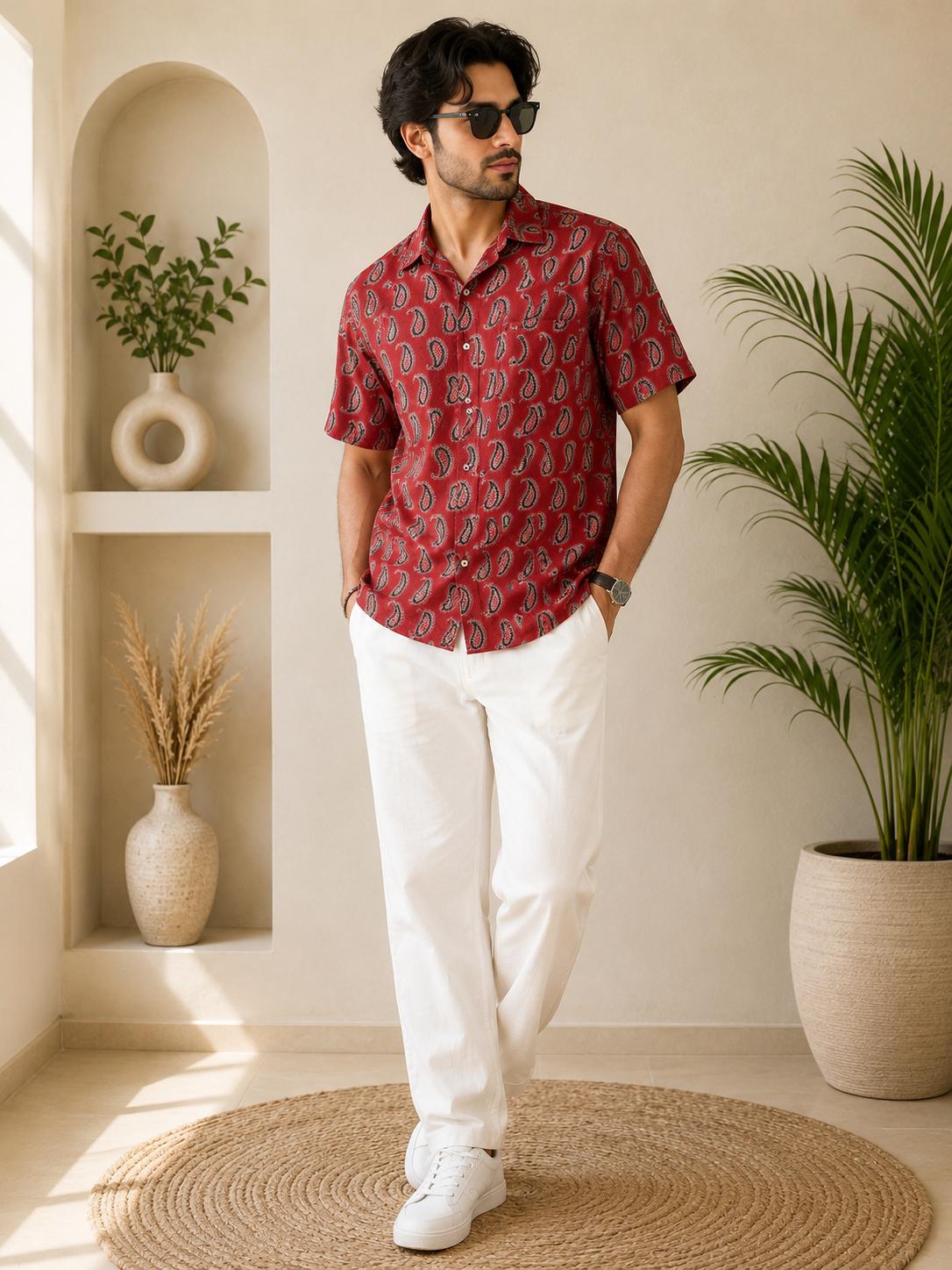 Men's Red Paisley Print Linen Resort Collar Half Sleeve Shirt