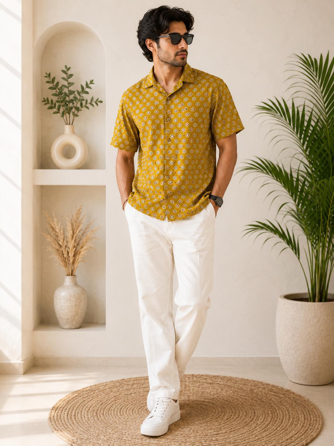 Men's Mustard Yellow Small Floral Buti Block Print Linen Cuban Collar Shirt