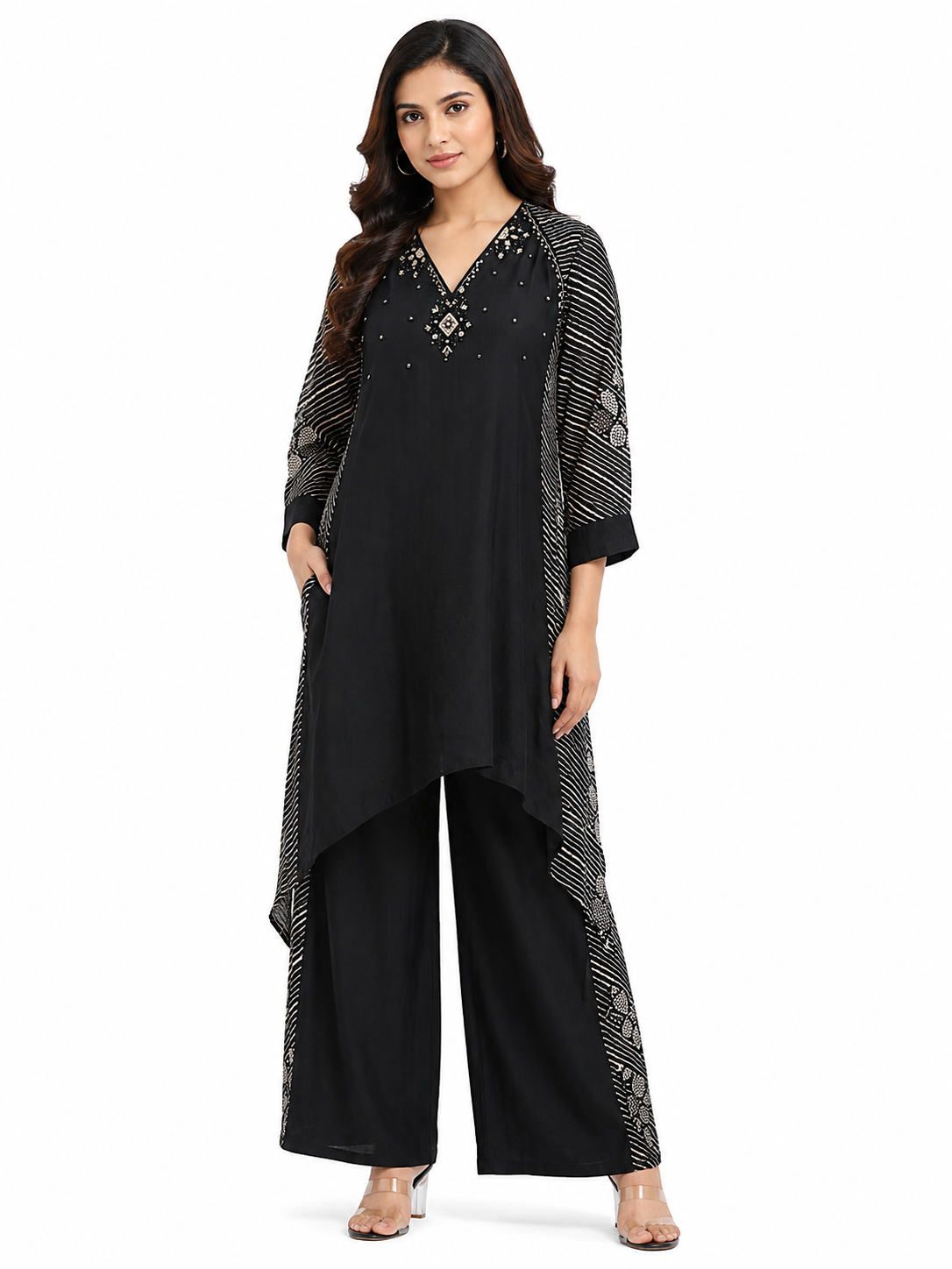 Midnight Elegance Embellished Co-Ord Set – Black Asymmetrical Kurta & Palazzo Pants