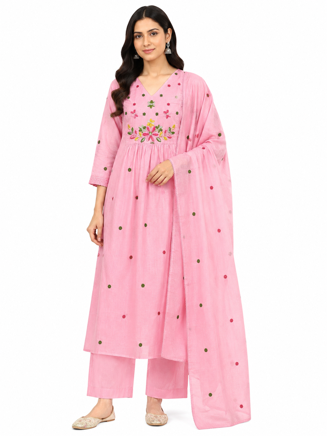 Blush Pink Embroidered Cotton Suit Set with Dupatta for Women