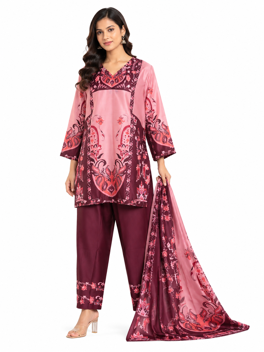 Pink & Maroon Printed 3 Piece Lawn Suit with Matching Dupatta