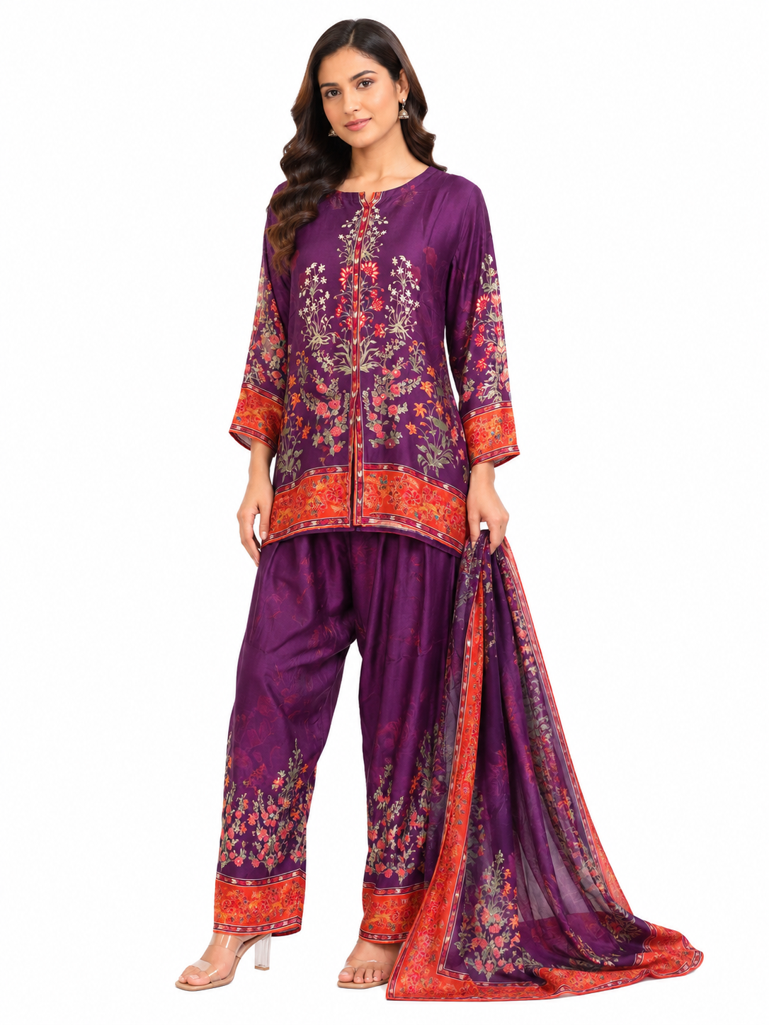 Purple Floral Printed Co-Ord Set with Matching Trouser