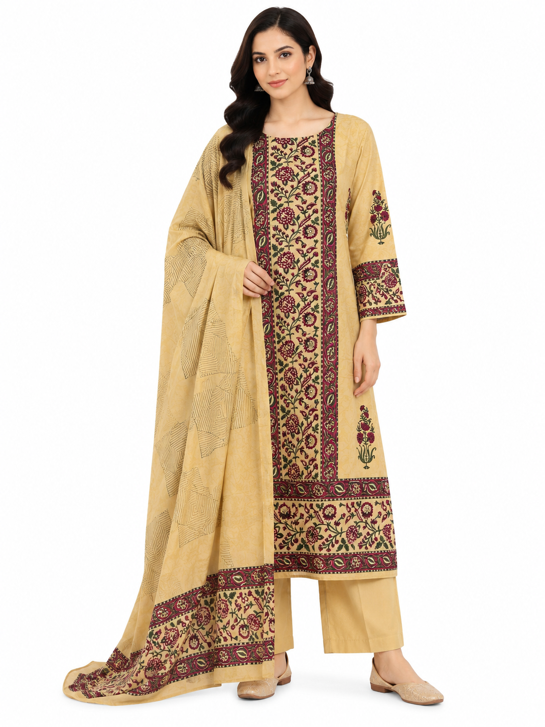 Elegant Beige Floral Printed 3 Piece Lawn Suit with Dupatta